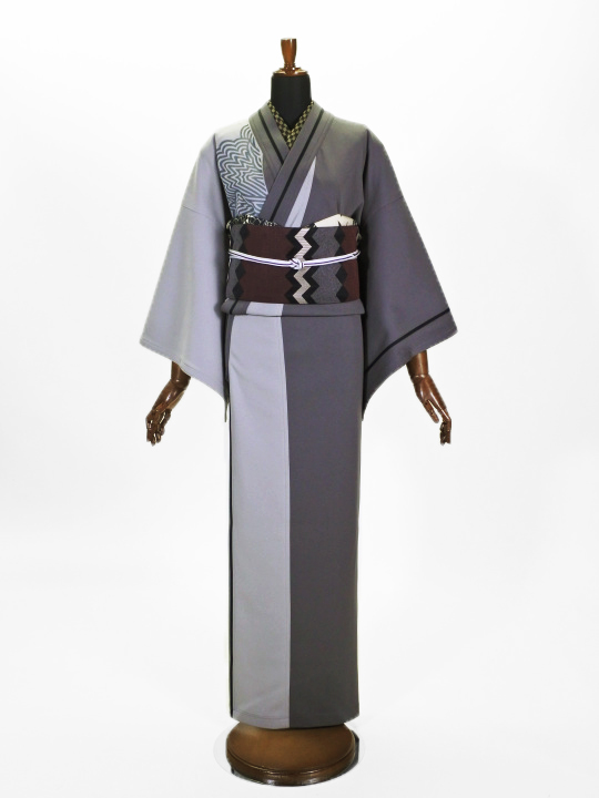 レディースバイカラージャージ 縞ボタン (濃グレー×グレー)F