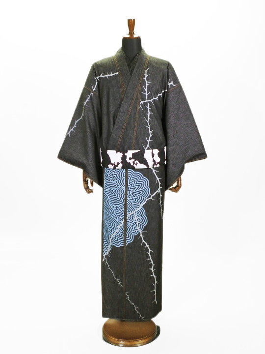 メンズデニム 6.5OZ 縞ボタンに棘（BK×金茶）